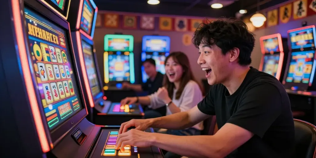 Permainan slot mahjong yang seru di mesin slot dengan pemain terfokus.