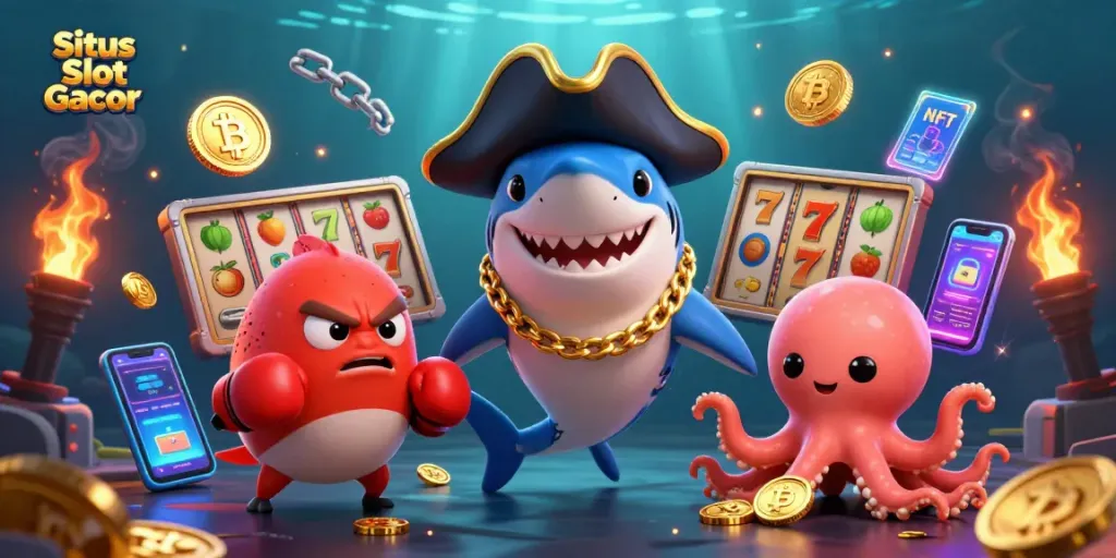Situs Slot Gacor memperlihatkan hiu kartun 3D, ikan puffer, dan bayi gurita dengan koin emas di dunia slot yang kaya detail.