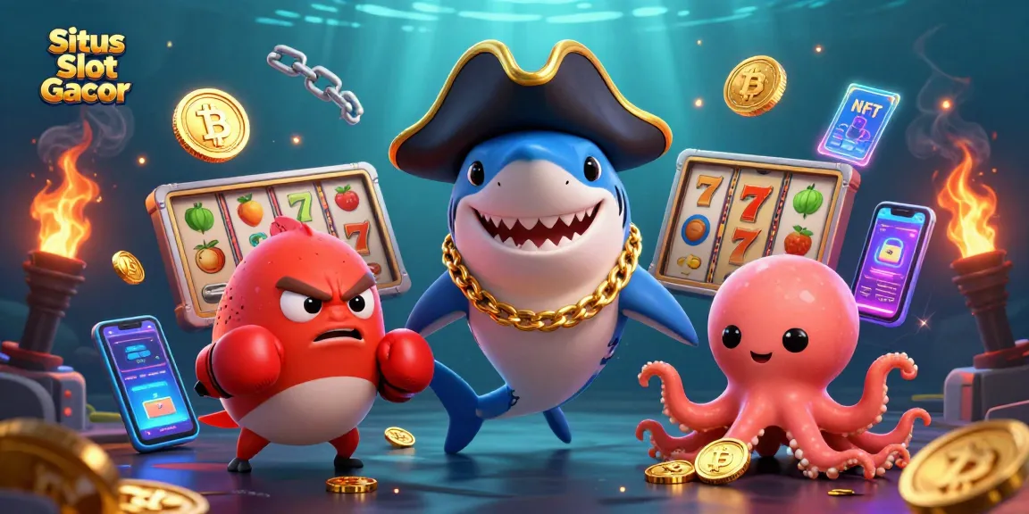 Situs Slot Gacor memperlihatkan hiu kartun 3D, ikan puffer, dan bayi gurita dengan koin emas di dunia slot yang kaya detail.