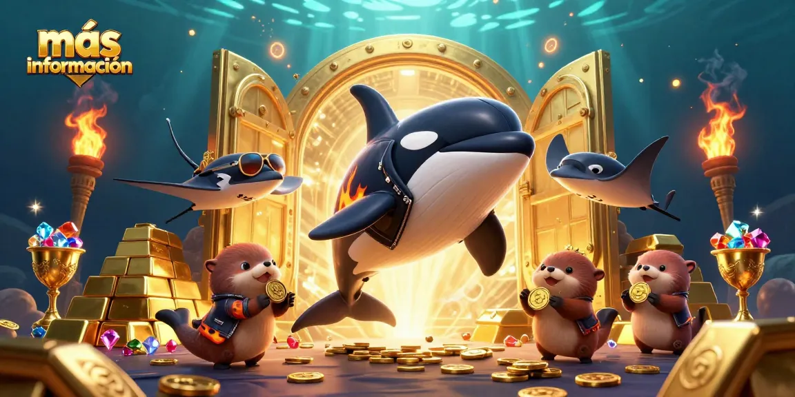Con más información sobre casinos online, un orca, una manta y nutrias sosteniendo monedas en un fondo acuático.