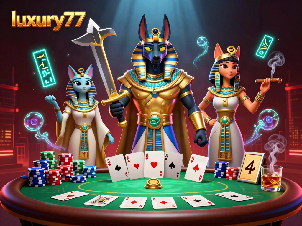 Menangkan permainan di luxury777 dengan ilustrasi imersif Anubis dan Bastet di kasino.