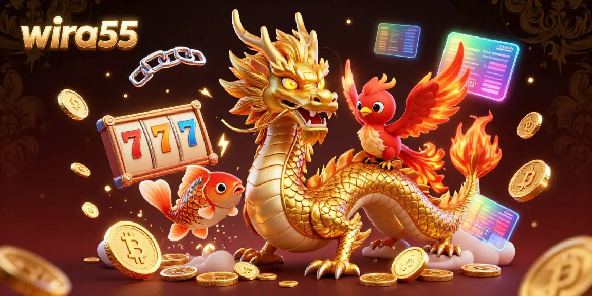 Experience thrilling gameplay with WIRA55, showcasing a fierce dragon, phoenix, and koi fish in a vibrant casino scene.