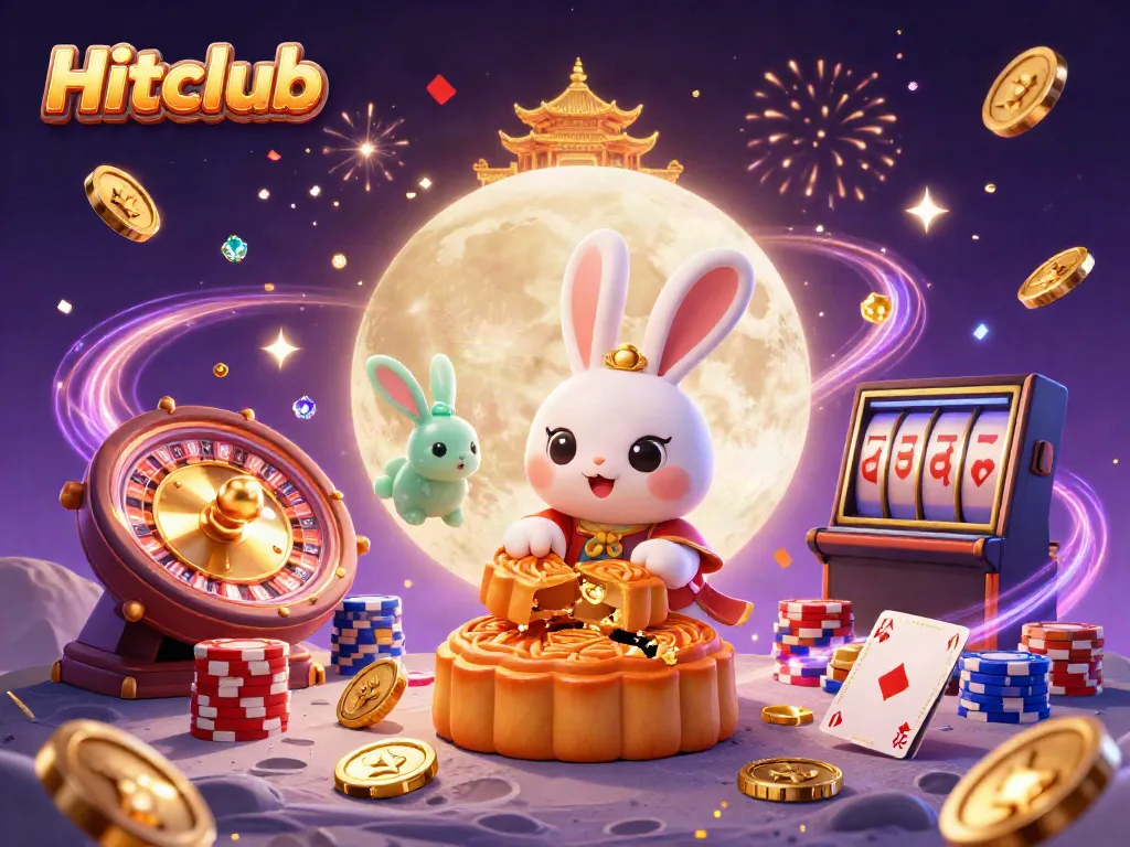 Hitclub's engaging casino illustration of a moon rabbit surrounded by shimmering gaming elements and vibrant visuals.