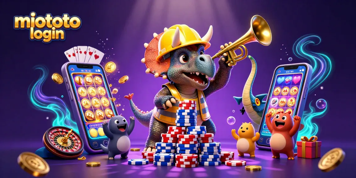 Engage with miototo login as a triceratops builds a poker chip pyramid amid casino excitement.