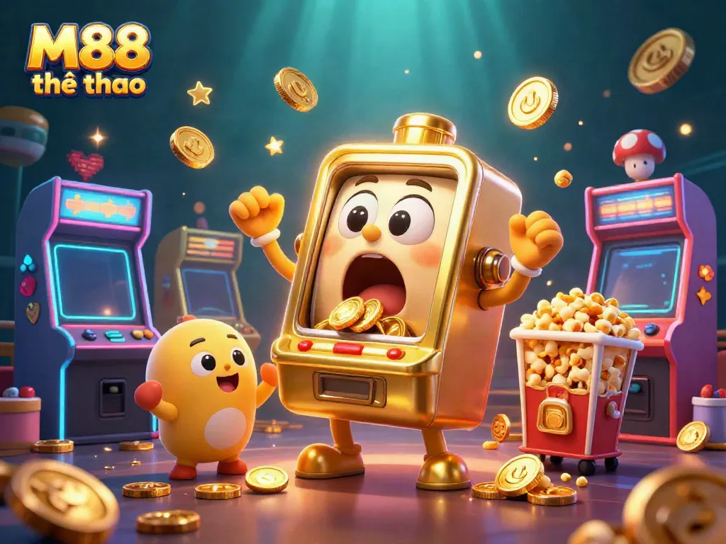 Cá cược thể thao tại M88 thể thao nhìn thấy máy slot vàng đặt jackpot, vui vẻ và đầy khao khát thắng lớn.