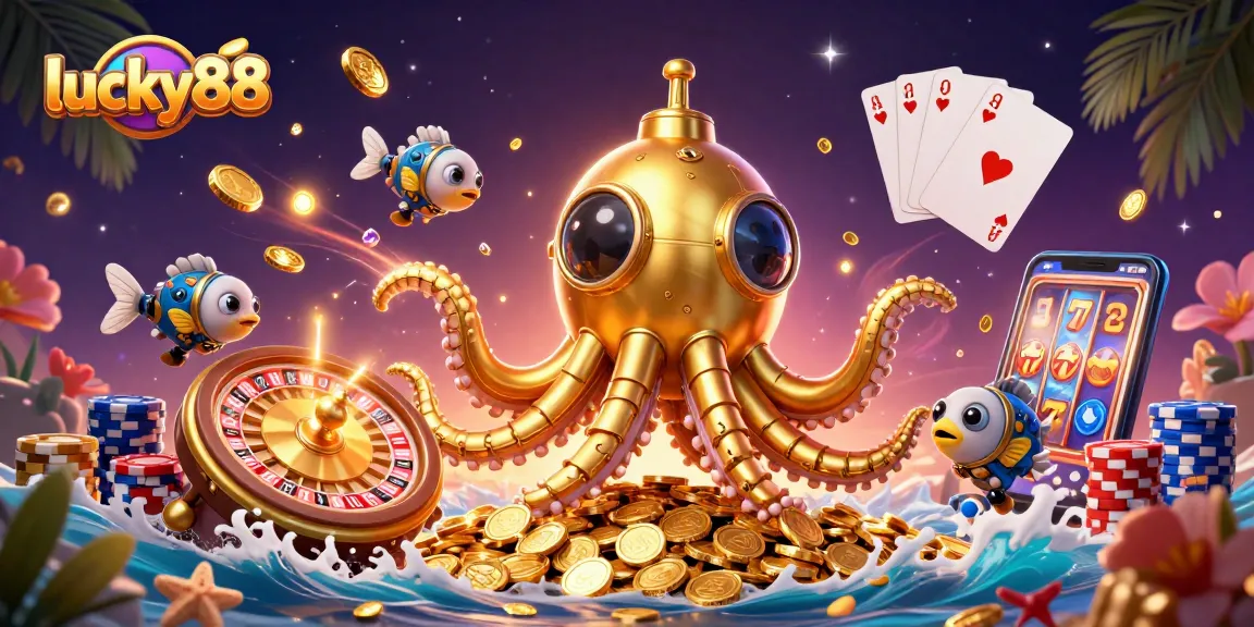 Experience the thrill of lucky88 with vibrant 3D kraken and casino elements amidst cascading gold.