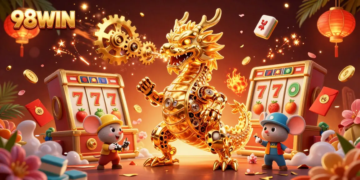 Experience thrilling gameplay with 98WIN's exciting slot reels and jackpot counters in a vibrant casino adventure.