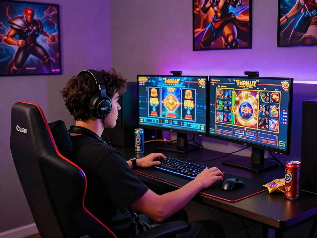 Gamer enjoying slot gacor games on dual screens in a vibrant gaming setup.