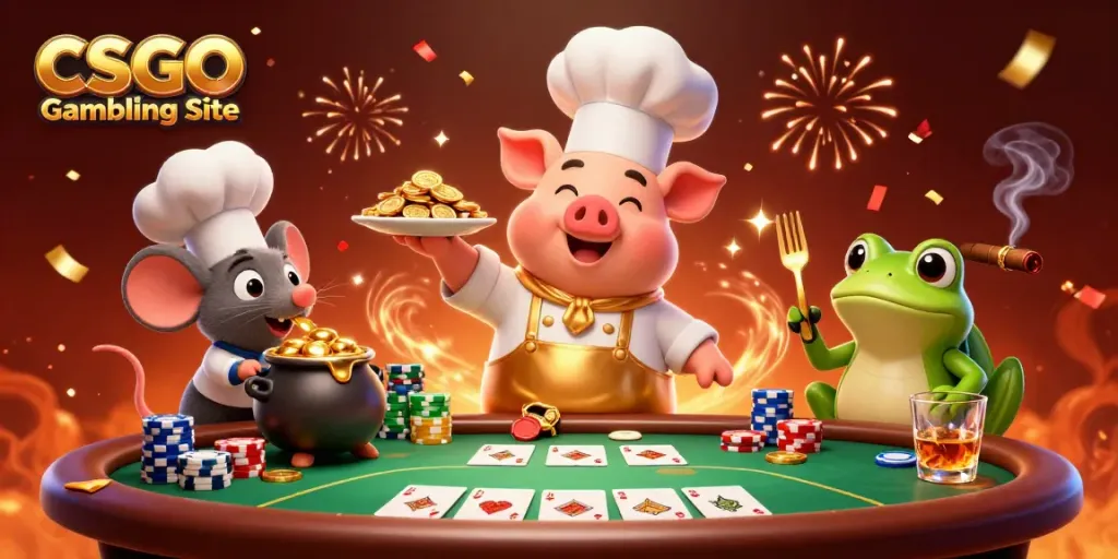 Experience excitement at CSGO Gambling Site with animated characters celebrating winnings and poker, surrounded by vibrant casino elements.