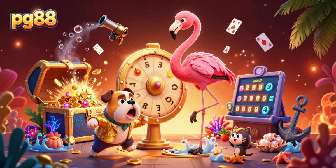 Spin to win at pg88 with a vibrant game show scene featuring a flamingo host, bulldog contestant, and golden rewards.