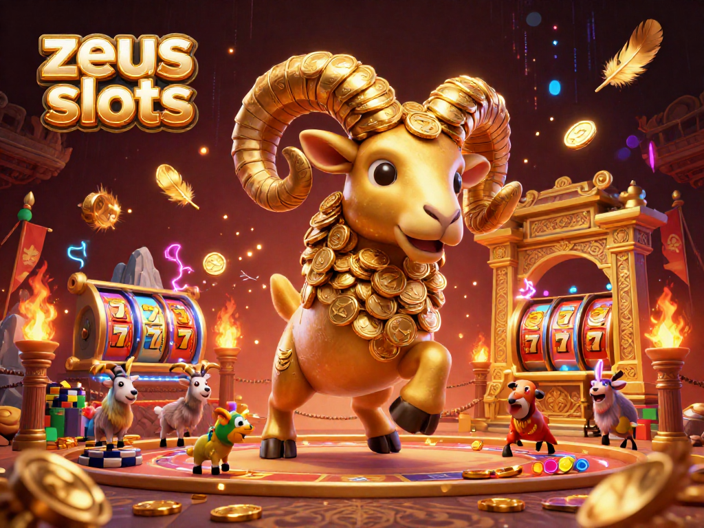 Spin the reels on zeus slots with golden ram and jackpot motifs in a vibrant casino scene.