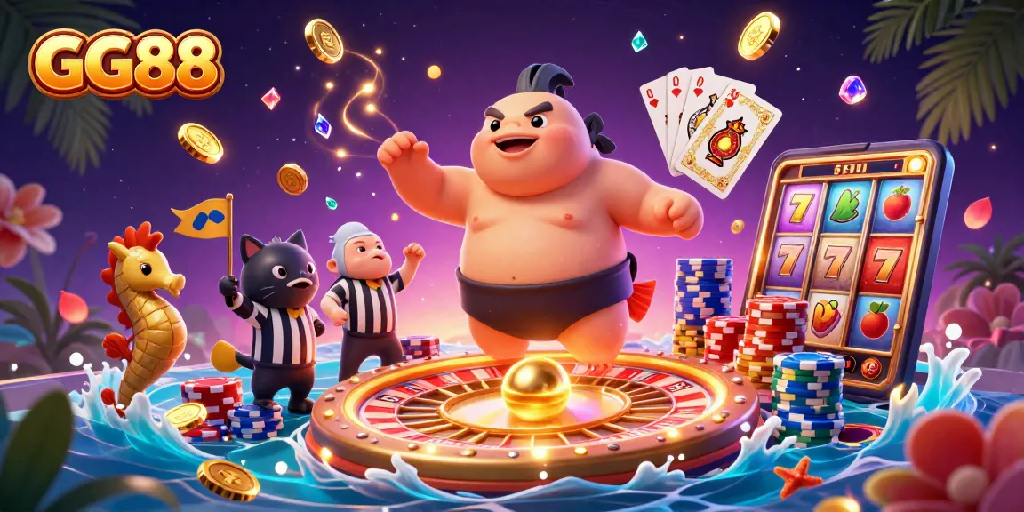 Win big at GG88 with an underwater casino scene, featuring a fugu and catfish amidst vibrant game elements.