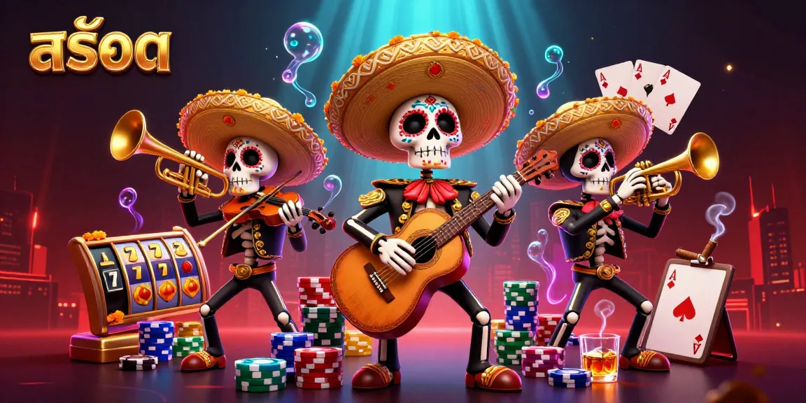 Experience the thrill of สล็อต with vibrant skeleton mariachi band and dynamic casino elements.
