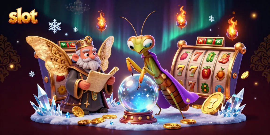 Slot menyajikan ilustrasi karakter kasino dengan elemen slot yang penuh warna dan menarik.