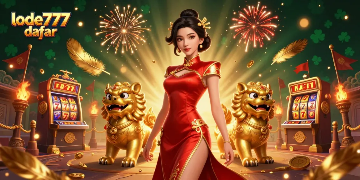 Experience thrilling gameplay at lode777 daftar, featuring a glamorous Asian woman amidst slot machines and golden guardians.