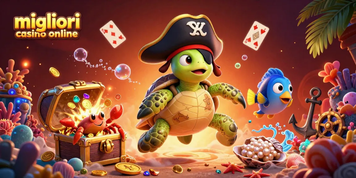 I migliori casinò online mostrano un'illustrazione digitale vivace a tema pirata con elementi di tesoro.