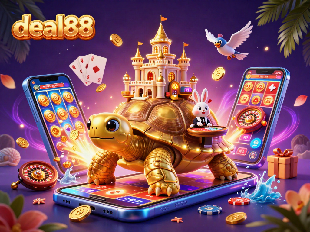 Experience exhilarating wins with deal88 in this vibrant cartoon casino scene.