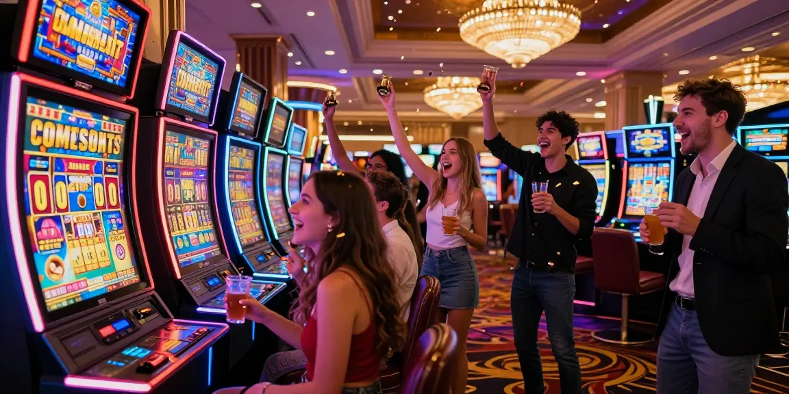 Perayaan kemenangan jackpot pada toto slot di kasino dengan teman-teman.