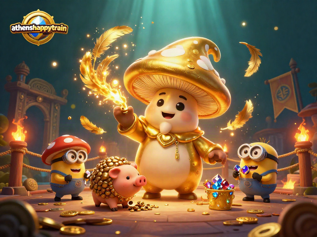 Athenshappytrain offers a glamorous casino scene featuring a wizard turning objects to gold, surrounded by treasures.