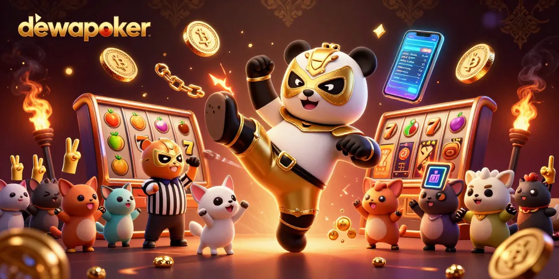 Permainan dewapoker dengan panda pegulat 3D beraksi di tengah suasana kasino menegangkan.
