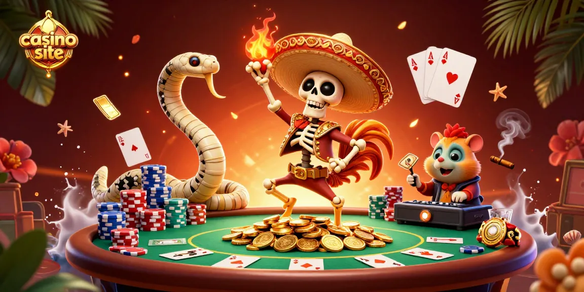 Experience thrills at the casino site featuring vibrant characters and poker elements.
