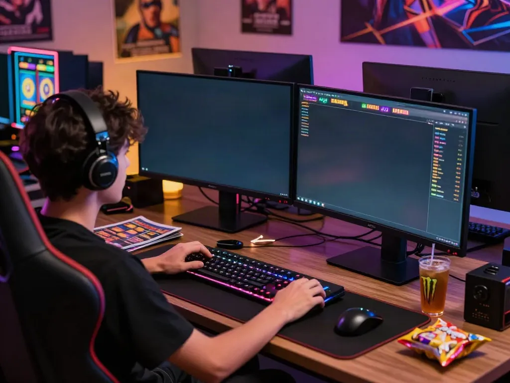 A player engaged in an intense gaming session with akunjp slot visuals on dual monitors.