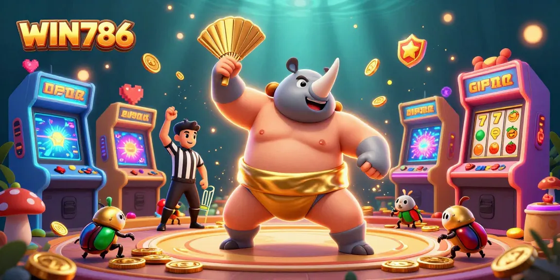 WIN786 illustrates a lively casino scene with a rhinoceros beetle champion amid flying coins and gaming machines.