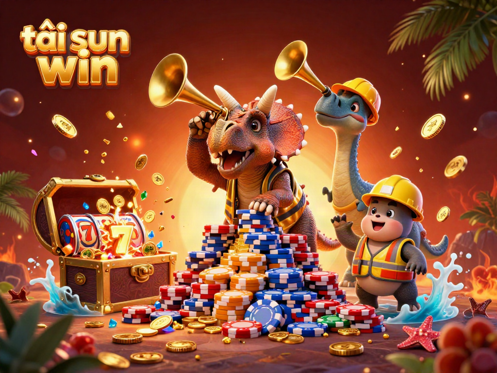 Celebrate your wins with tải sun win, featuring vibrant 3D characters and casino elements.