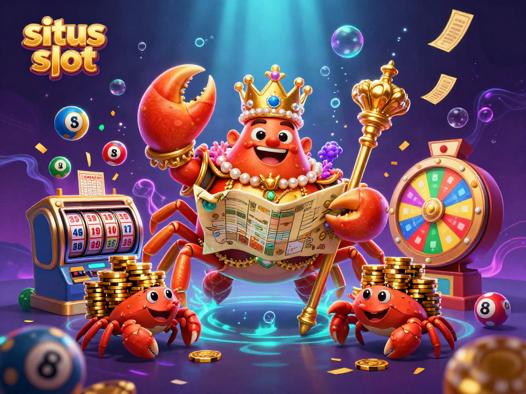Engage in exciting situs slot dynamics with a golden crab emperor, vibrant game elements, and treasure.