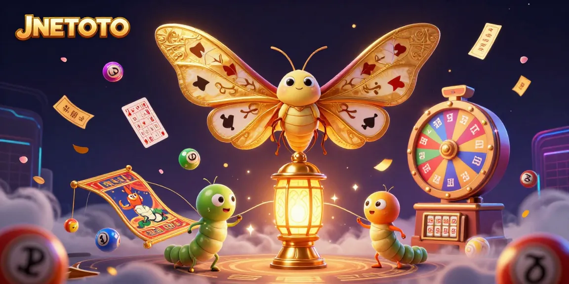 JNETOTO mempersembahkan momen kemenangan dengan tiket emas dan bola lotere warna-warni.