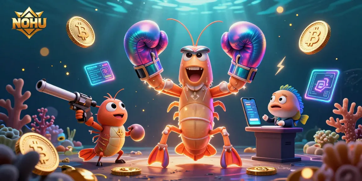 Engage with NOHU in an action-packed casino scene featuring vibrant shrimp characters amid digital gaming elements.