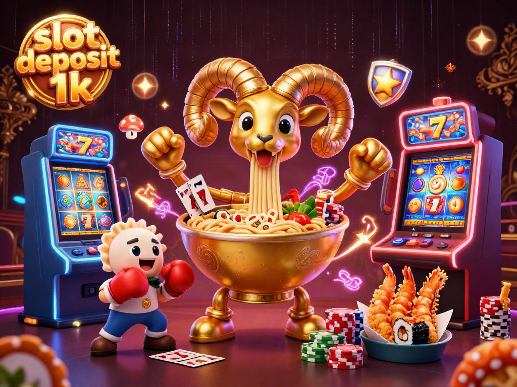 Engage in vibrant casino action with slot deposit 1k characters, featuring ramen bowl and sushi roll dealer.