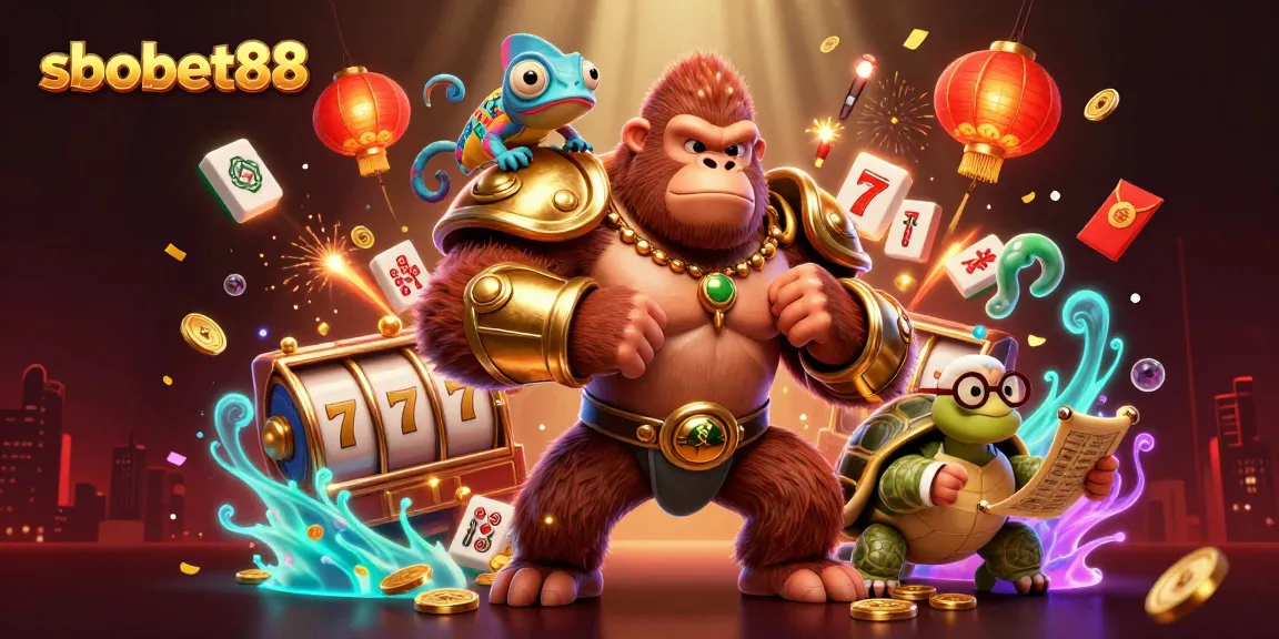 Sbobet88 showcases an epic 3D scene featuring a golden armored gorilla, a color-changing chameleon, and wise tortoise, enhancing thrilling slot gaming excitement.