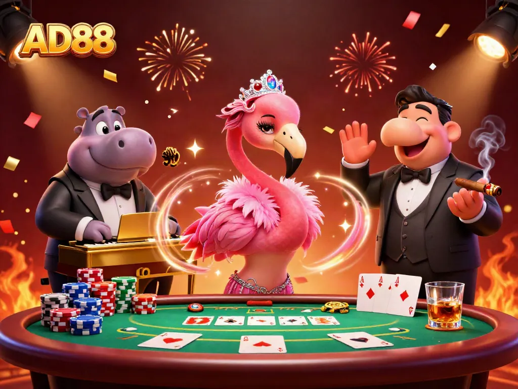 Experience AD88 with vibrant casino characters and dynamic poker elements in an engaging 3D illustration.