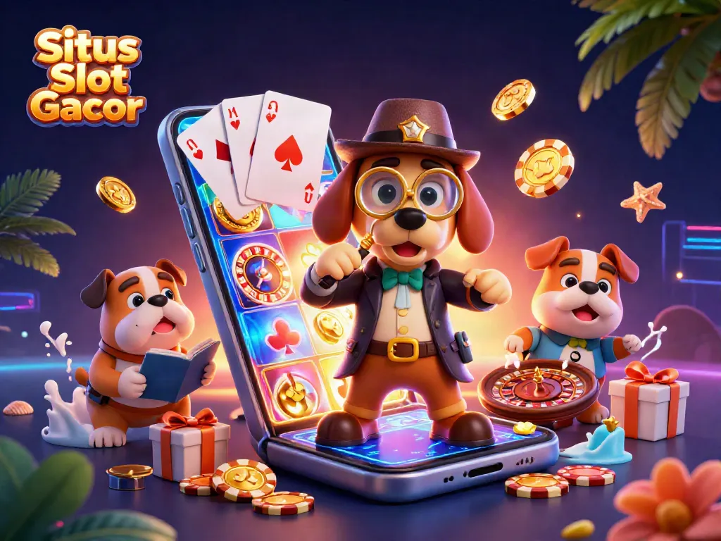 Situs Slot Gacor menampilkan detektif kartun dan teman anjing, mengungkap petunjuk jackpot dalam permainan slot.