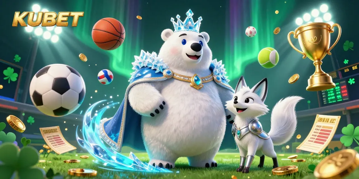 KUBET features an engaging 3D scene with a polar bear and snow fox amidst dynamic sports betting elements, enhancing the gaming excitement.