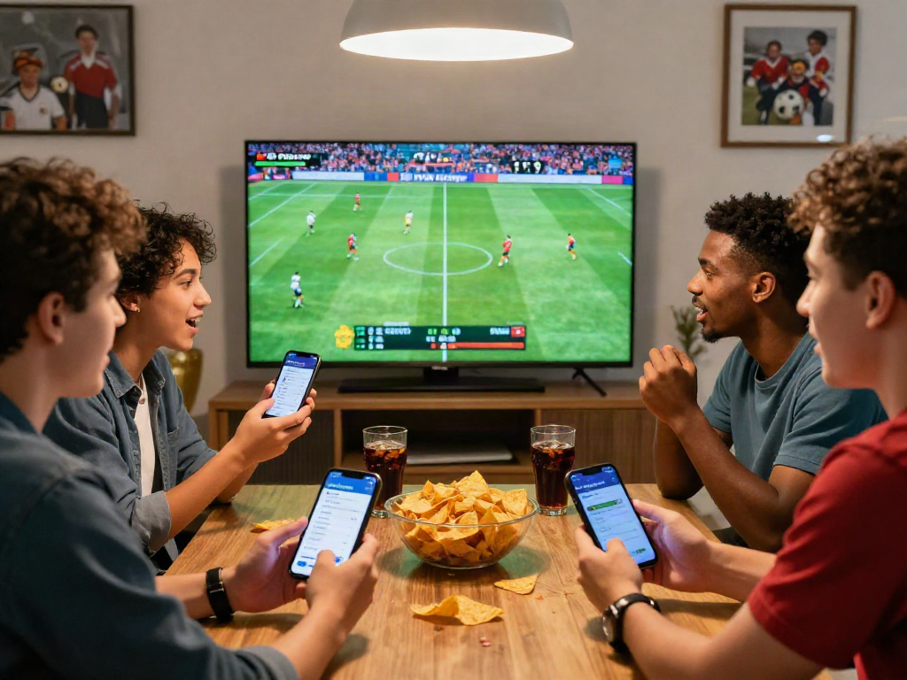 Group of friends enjoying a live football match on Playin exchange, showcasing excitement and camaraderie in a dynamic betting atmosphere.