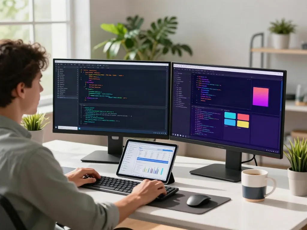 Dynamic tech workspace showcasing a developer engaged with the A80 website design on dual monitors.