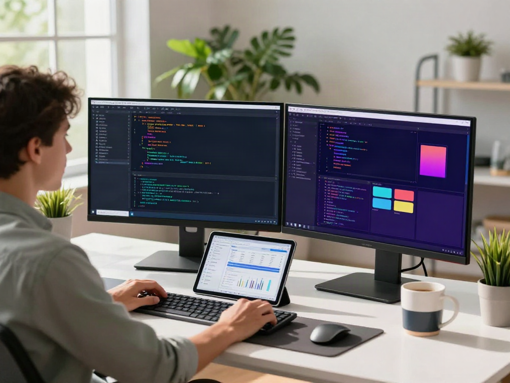 Dynamic tech workspace showcasing a developer engaged with the A80 website design on dual monitors.
