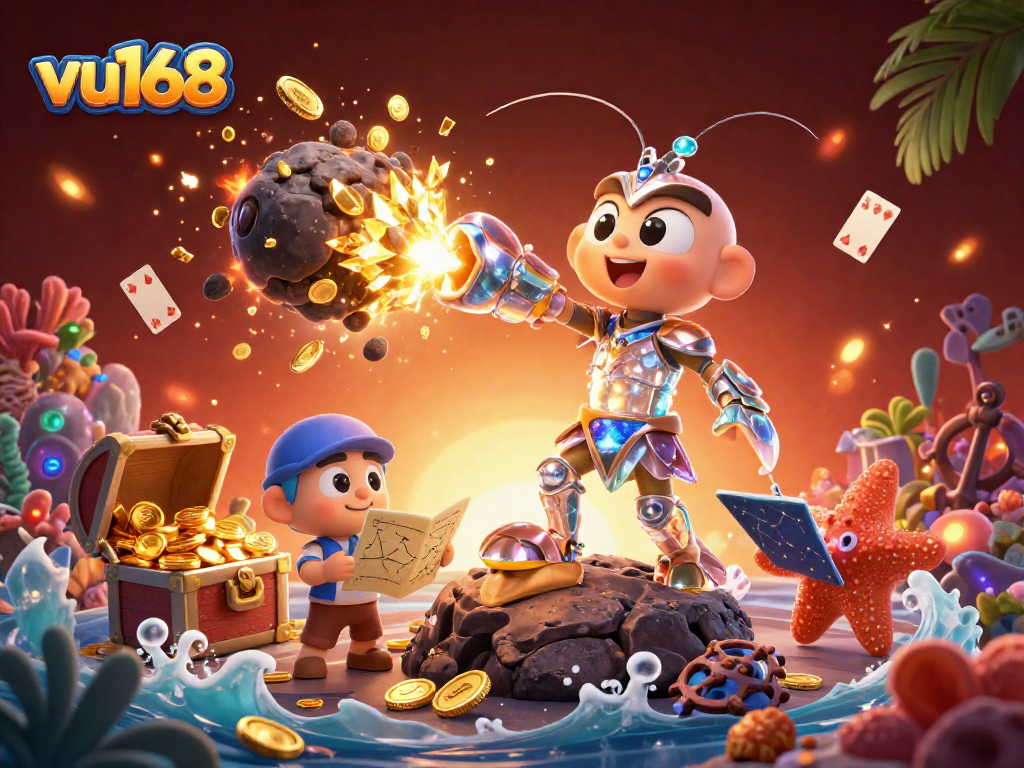 Experience exhilarating wins with vu168’s dynamic gambling illustrations showcasing action-packed slots and treasure.
