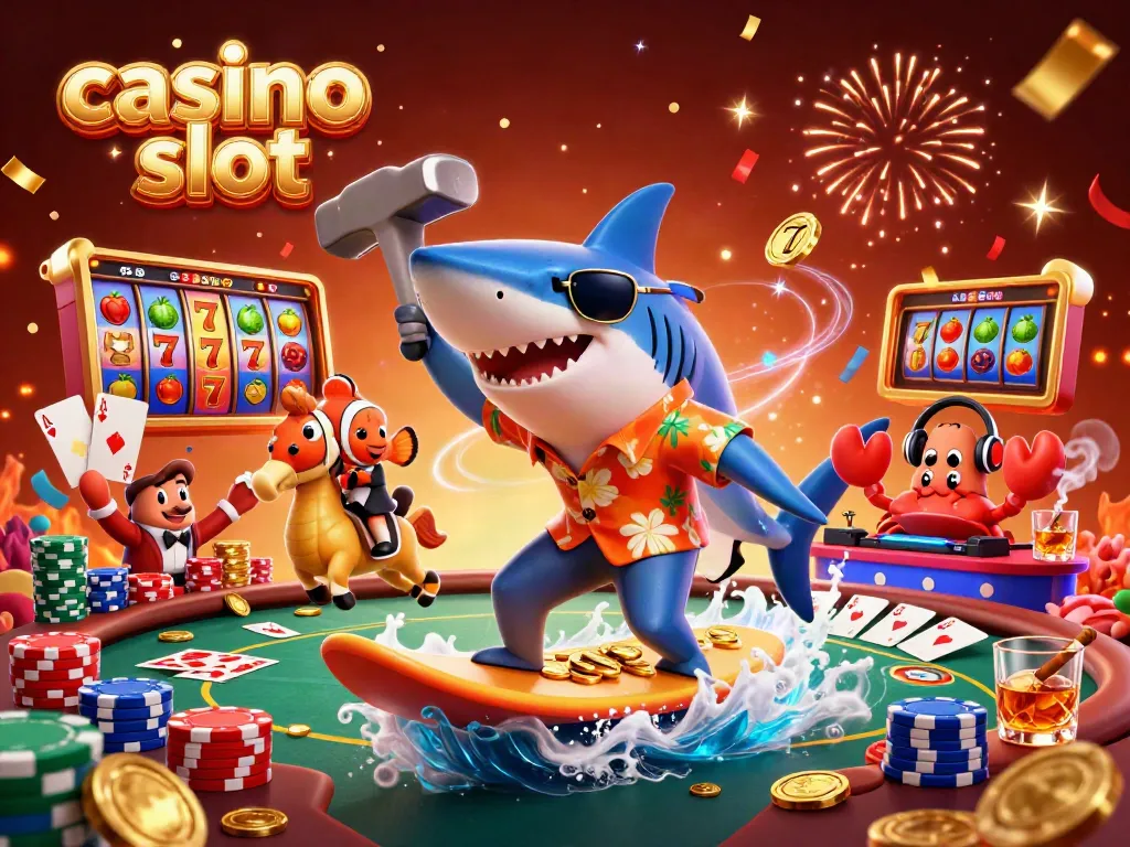 Experience the excitement of casino slot games with a colorful 3D scene featuring a shark, clownfish, and crab.