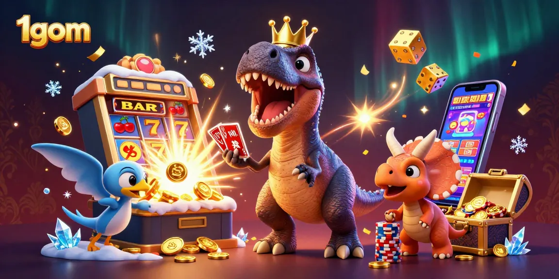 1gom showcases a playful scene with a T-Rex shuffling cards, enhancing gambling fun.