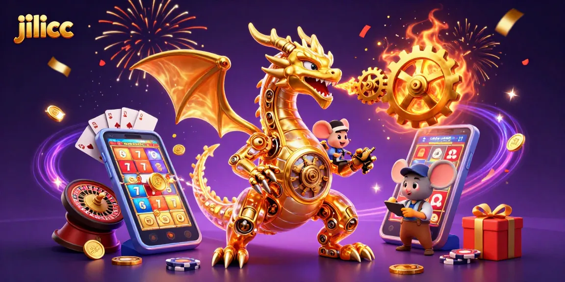 Experience exciting gaming action with jilicc, featuring a golden dragon and vibrant slot elements.