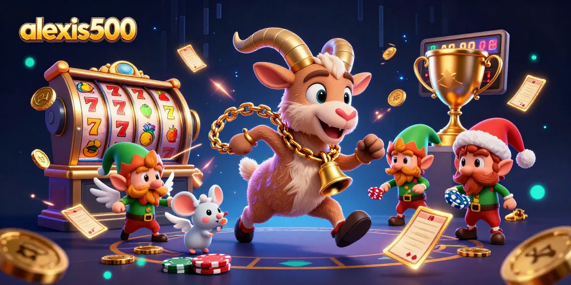Experience the excitement of alexis500 with dynamic slots and whimsical characters in a festive casino scene.