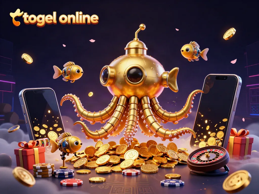 Experience thrilling togel online action with a golden kraken and slot game smartphone in a rich underwater scene.