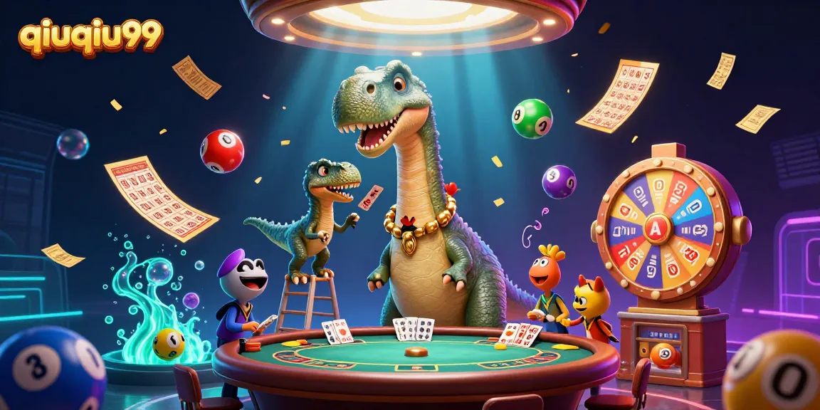 Experience thrilling gaming action at qiuqiu99 with card dealing raptor and animated casino elements.