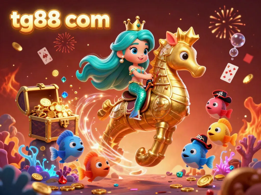 Join the fun at tg88 com with a vibrant underwater casino scene featuring a mermaid, seahorse, and colorful fish.