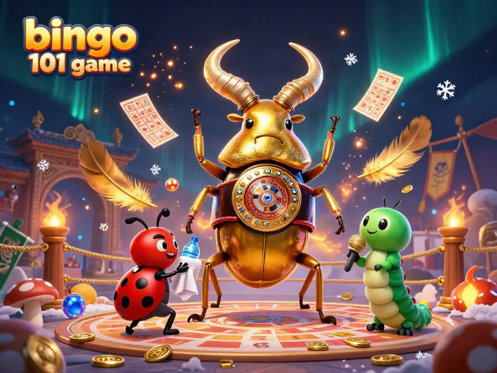 Permainan bingo 101 menampilkan karakter dalam arena penuh kejutan, kartu bingo, dan bola bernomor.
