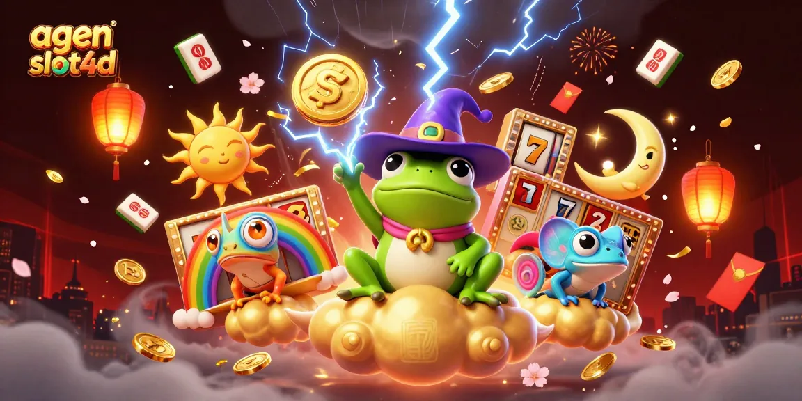 Win big with agen slot4d, featuring 3D characters amidst a vibrant casino scene filled with slot reels and treasures.