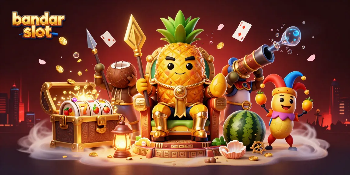 Gambarkan bandar slot dengan ilustrasi raja nanas emas dan elemen kasino yang menarik.